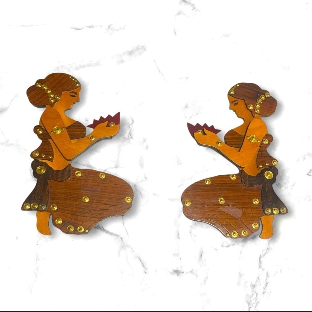 Set of 2 Handcrafted Wooden Asian Women Lotus Wall Decor Gold Accents - Picture 2 of 10